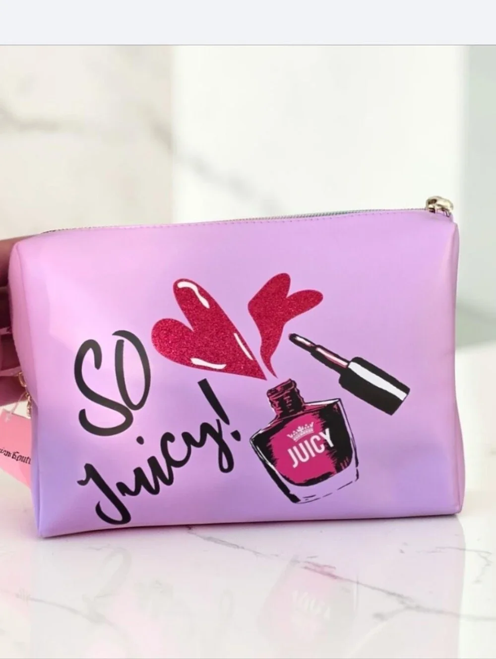 NWT Juicy Couture Pink Lilac 'So Juicy' Cosmetic Pouch with Red Glitter Heart